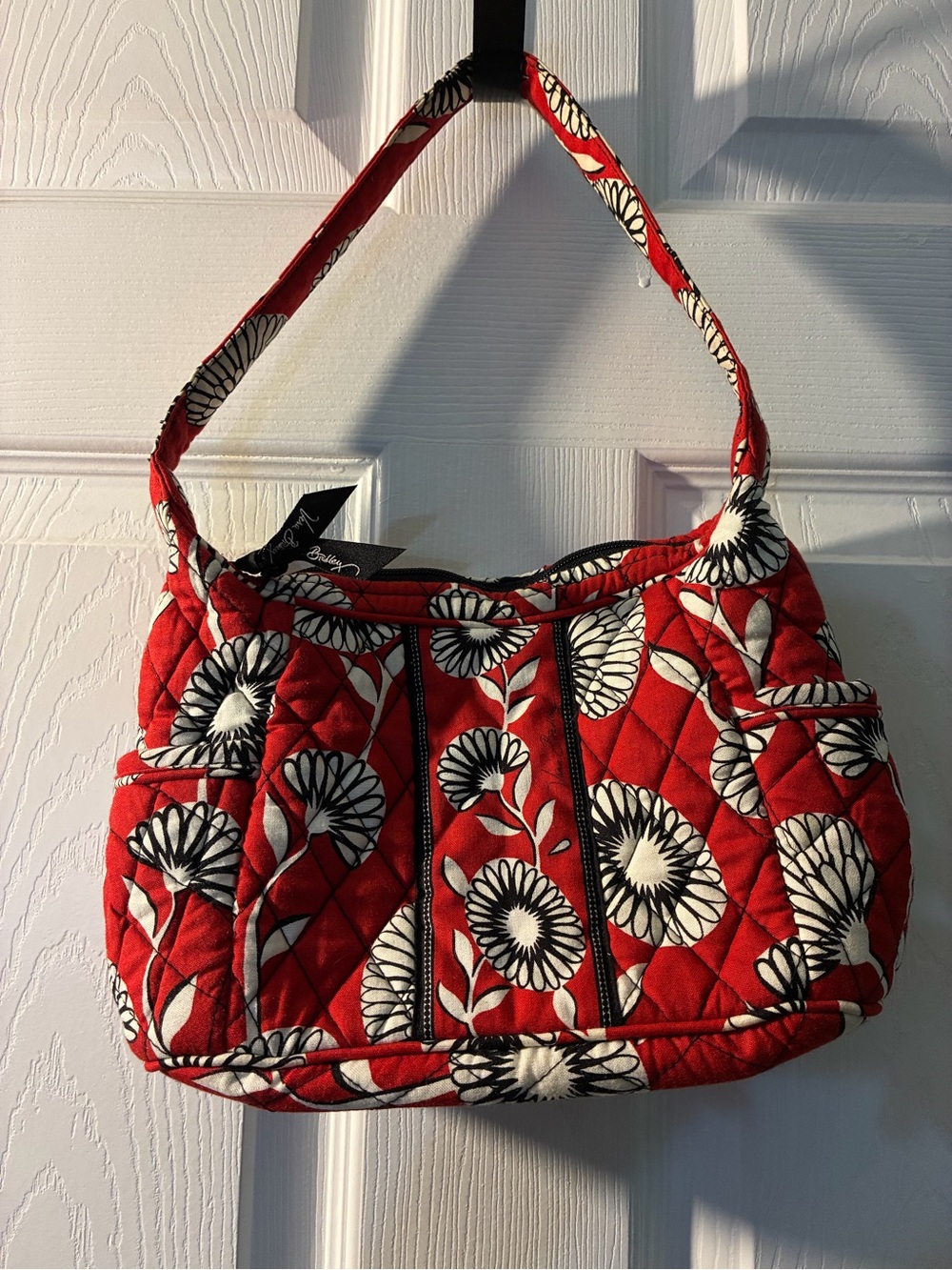 Vera Bradley Red Quilted Floral Shoulder Bag with Black & White Blooms